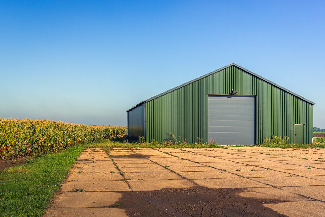 An agricultural steel building with a roller door.
